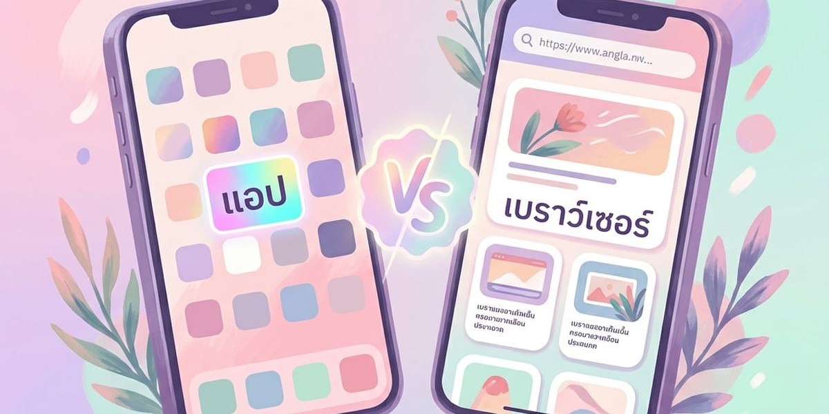 ภาพประกอบสีพาสเทลเปรียบเทียบไอคอนแอปและหน้าจอเบราว์เซอร์บนมือถือ