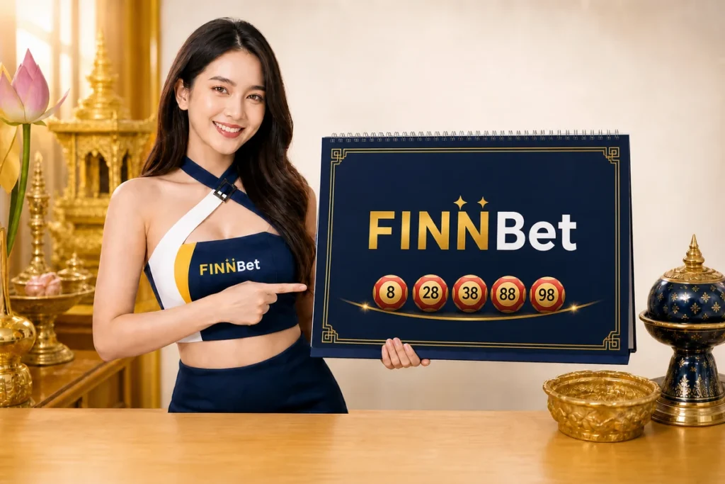 นางแบบไทยถือโทรศัพท์แสดง FINNBet พร้อมตารางหวยมาเลย์